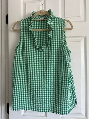 Green Gingham Ruffle Neck Sleeveless Top